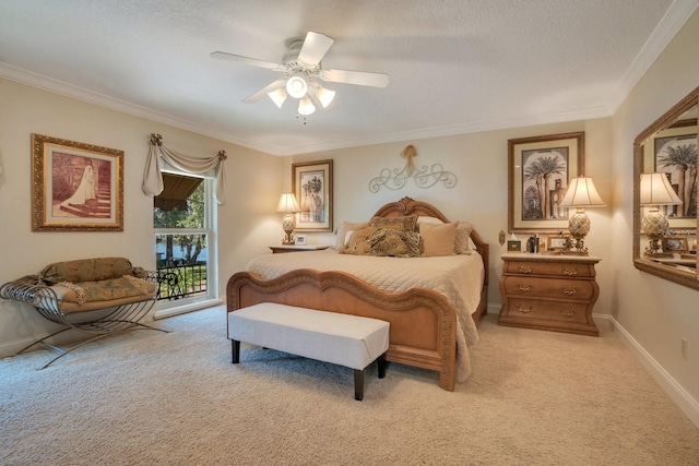 carpeted bedroom featuring ornamental molding, a textured ceiling, access to exterior, and ceiling fan