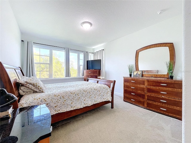 bedroom with carpet and a textured ceiling