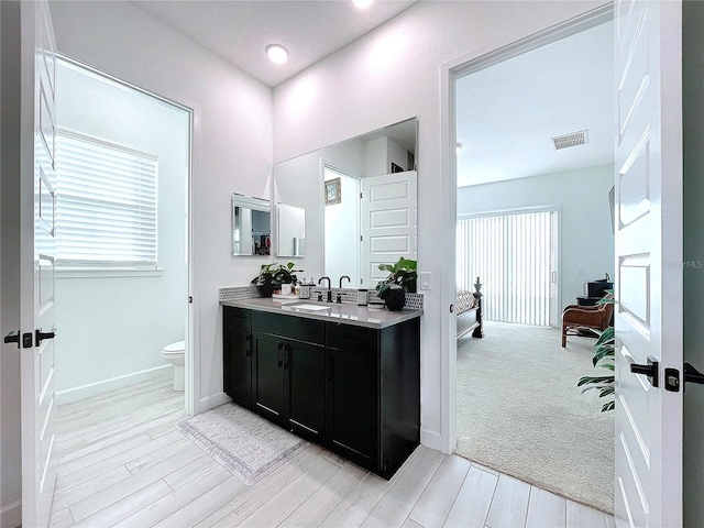 bathroom with a healthy amount of sunlight, vanity, hardwood / wood-style flooring, and toilet