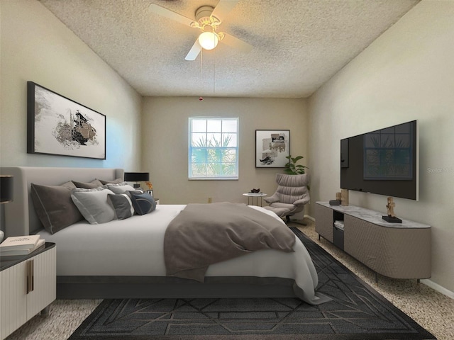 bedroom with a textured ceiling, carpet floors, and ceiling fan