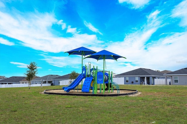 view of jungle gym with a yard