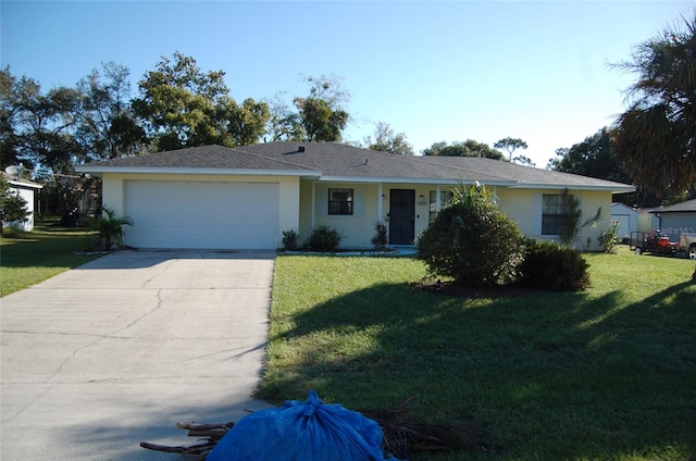 ranch-style house with a front lawn and a garage