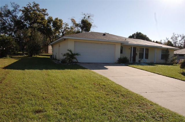 single story home featuring a front yard and a garage