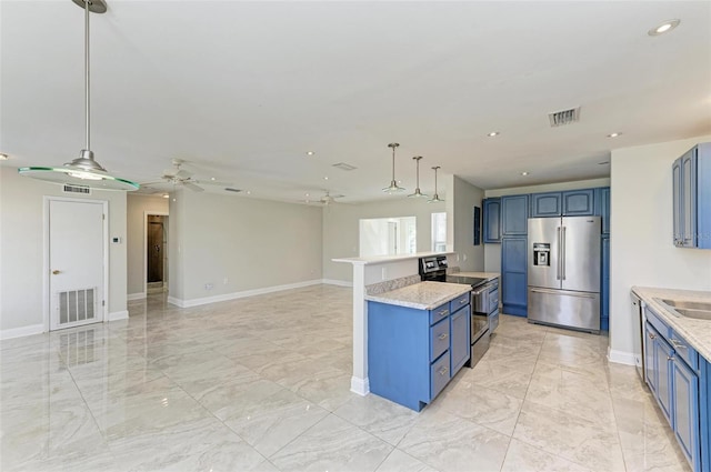 kitchen featuring appliances with stainless steel finishes, kitchen peninsula, hanging light fixtures, ceiling fan, and blue cabinetry