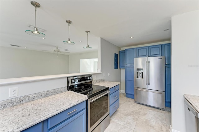 kitchen featuring blue cabinets, ceiling fan, stainless steel appliances, decorative light fixtures, and light tile patterned floors