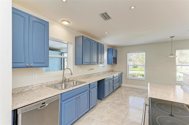 kitchen with sink, dishwasher, decorative light fixtures, and blue cabinets