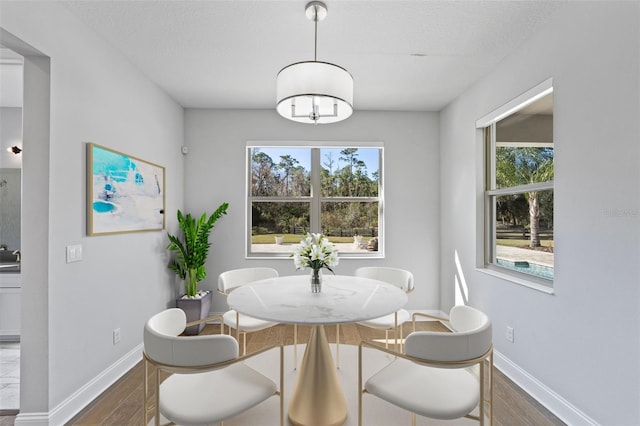 dining space featuring dark hardwood / wood-style flooring, a textured ceiling, and a wealth of natural light