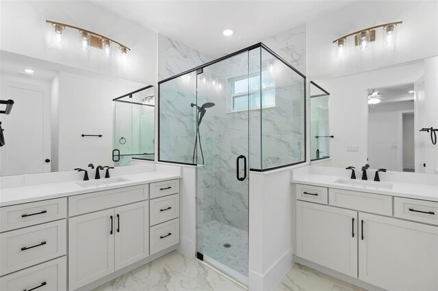 4190 Rossmore Dr, Orlando, FL 32810 - full bath with marble finish flooring, a marble finish shower, recessed lighting, two vanities, and ceiling fan