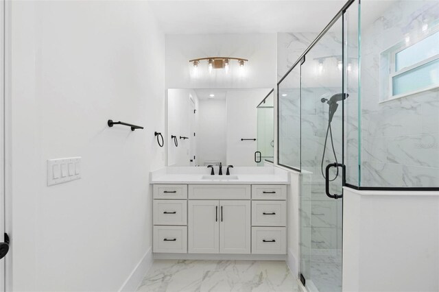 4190 Rossmore Dr, Orlando, FL 32810 - bathroom featuring marble look tile flooring, a marble finish shower, baseboards, and vanity
