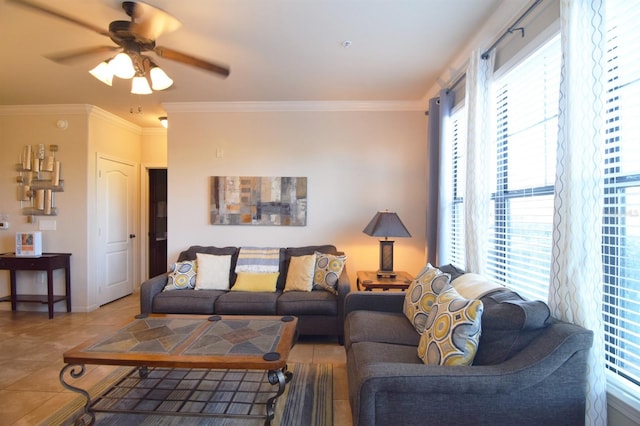 tiled living room with crown molding and ceiling fan