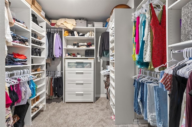 walk in closet with light carpet