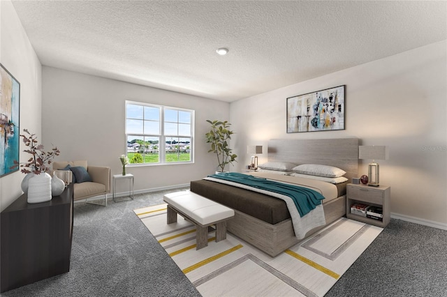 bedroom with a textured ceiling and light colored carpet