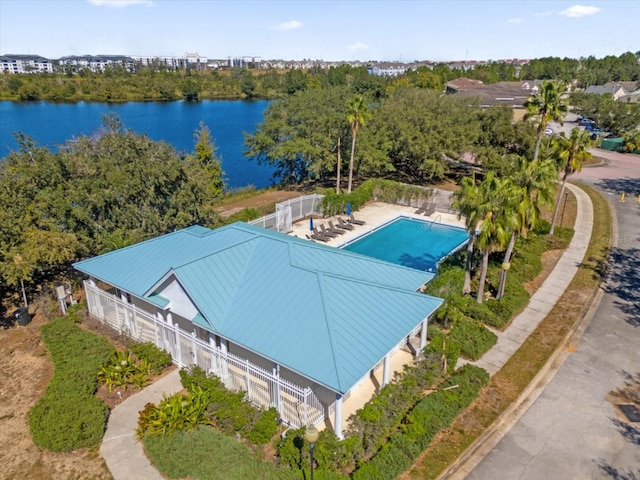 drone / aerial view with a water view