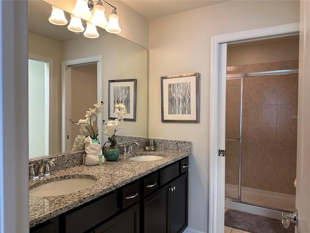 bathroom with vanity and a shower with shower door