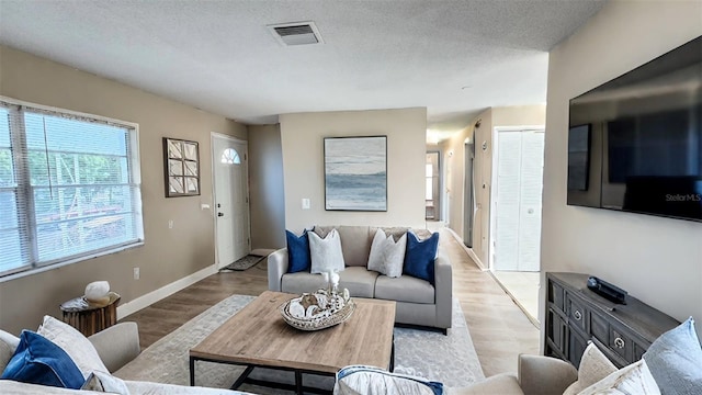 living room featuring light hardwood / wood-style floors and a textured ceiling