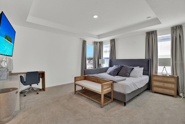 carpeted bedroom with a raised ceiling and multiple windows