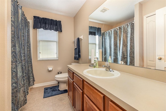 bathroom featuring vanity, toilet, and tile patterned flooring