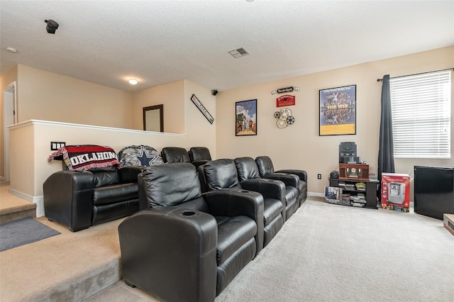 carpeted cinema room featuring a textured ceiling