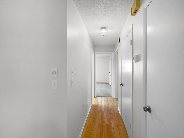 corridor featuring light hardwood / wood-style floors and a textured ceiling