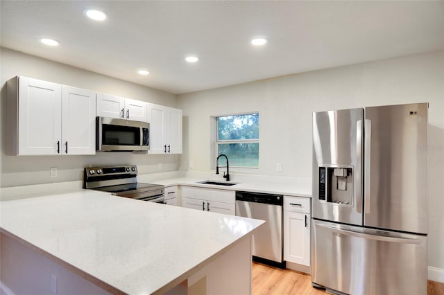 kitchen with stainless steel appliances, sink, kitchen peninsula, and white cabinets