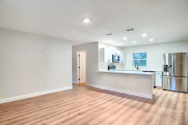 kitchen featuring kitchen peninsula, white cabinetry, light wood-type flooring, sink, and stainless steel appliances