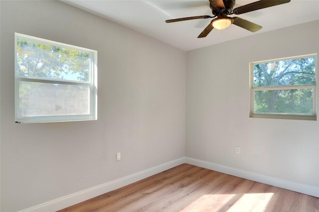 unfurnished room with ceiling fan, light wood-type flooring, and a wealth of natural light