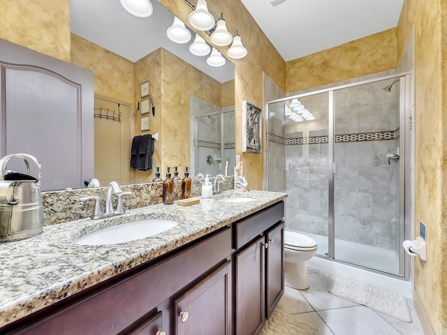 bathroom with tile patterned floors, toilet, vanity, and walk in shower