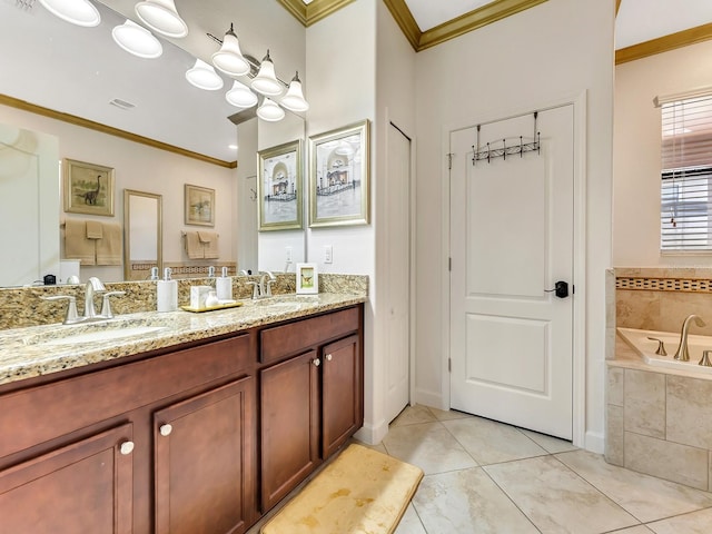 bathroom featuring vanity, a relaxing tiled tub, and ornamental molding