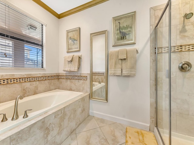 bathroom with plus walk in shower and crown molding