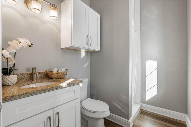 bathroom featuring vanity, toilet, hardwood / wood-style flooring, and walk in shower