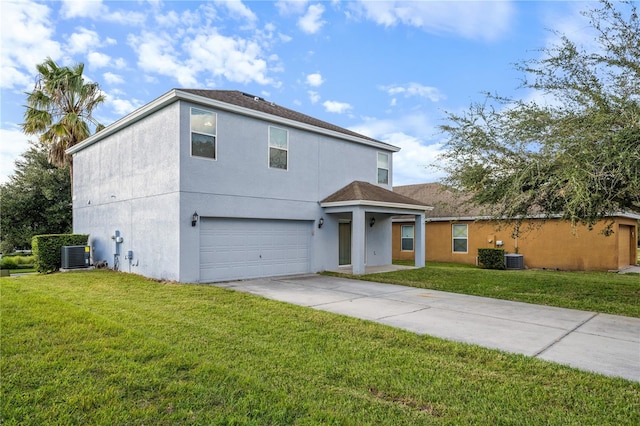 view of front facade with an attached garage, central air condition unit, a front yard, stucco siding, and driveway