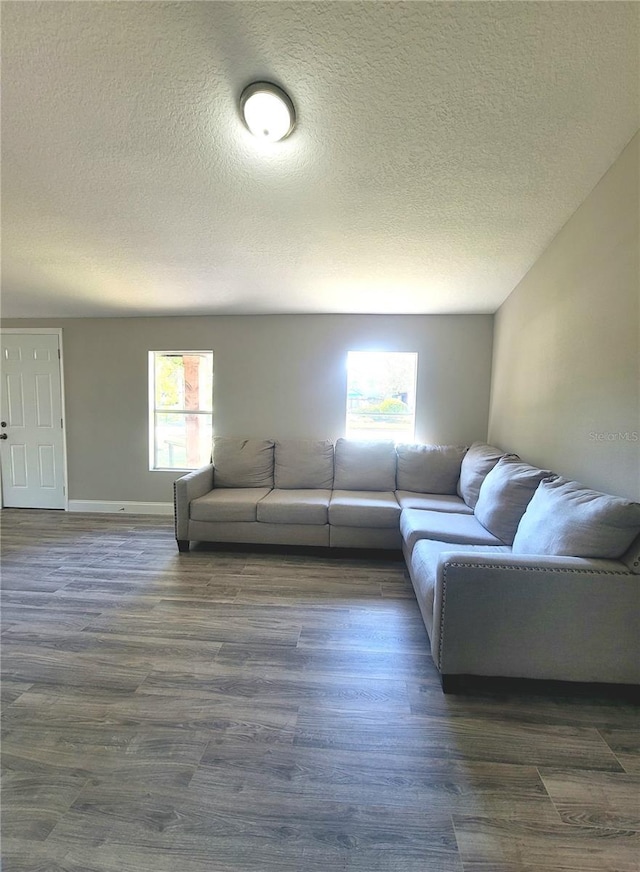 living room with dark hardwood / wood-style flooring and a textured ceiling