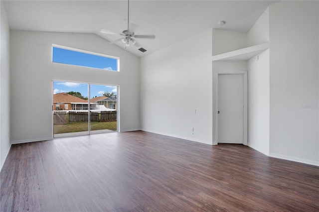 unfurnished room featuring ceiling fan, dark wood-type flooring, and high vaulted ceiling