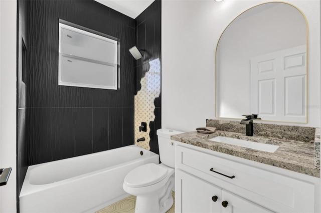 full bathroom with toilet, tiled shower / bath combo, and vanity