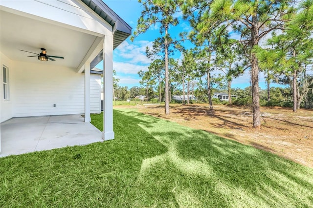 view of yard with a patio and ceiling fan