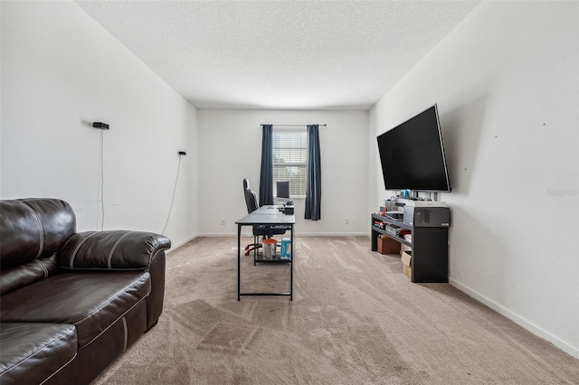 living room featuring carpet floors and a textured ceiling