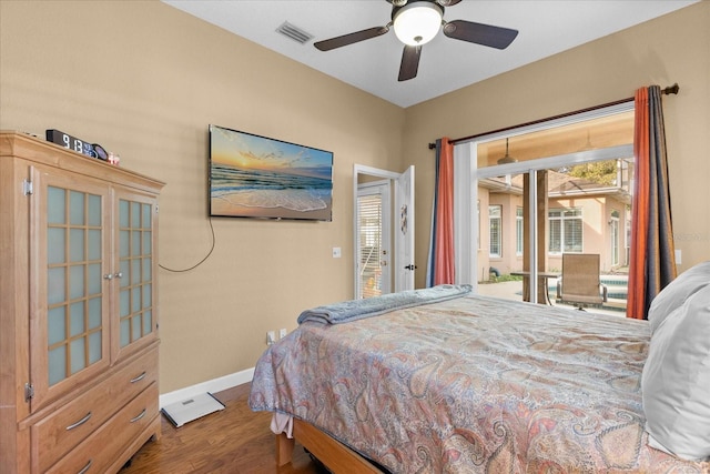 bedroom with access to exterior, wood-type flooring, and ceiling fan