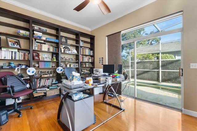 home office featuring ceiling fan, crown molding, and hardwood / wood-style floors