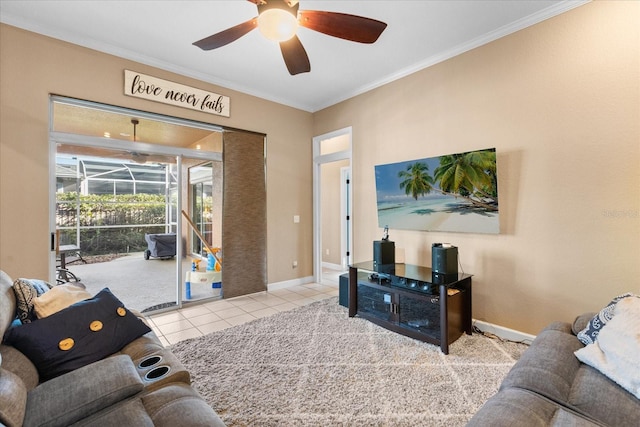 living room with crown molding, light tile patterned floors, and ceiling fan