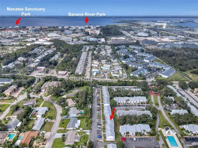 birds eye view of property featuring a water view