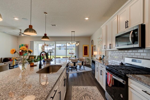 4009 Winding Meadows St, Apopka, FL 32712 - kitchen featuring a sink, visible vents, stainless steel appliances, dark wood-style floors, and stone counters