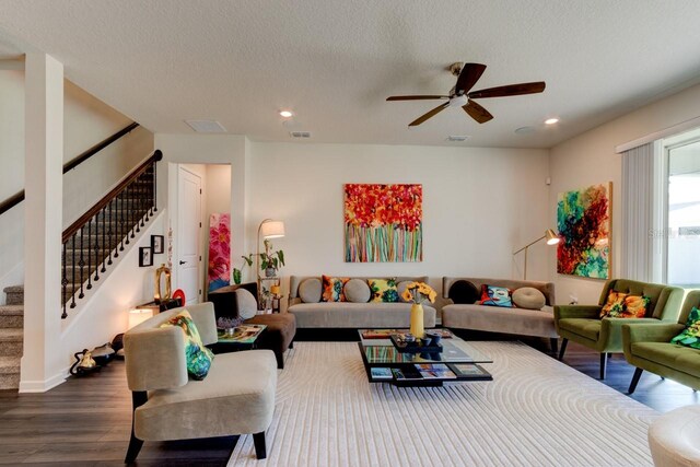 4009 Winding Meadows St, Apopka, FL 32712 - living room featuring dark wood finished floors, visible vents, recessed lighting, ceiling fan, and stairway