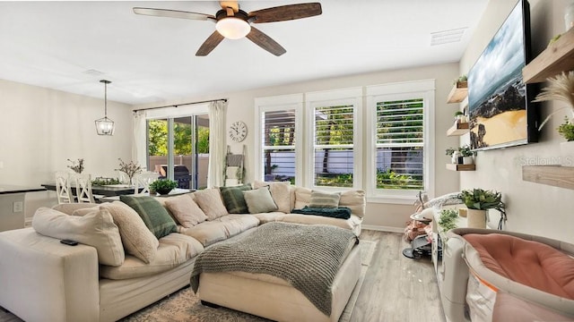 521 Morgan Wood Dr, Deland, FL 32724 - living area featuring wood finished floors, visible vents, ceiling fan, and baseboards