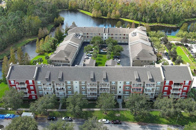 bird's eye view with a water view