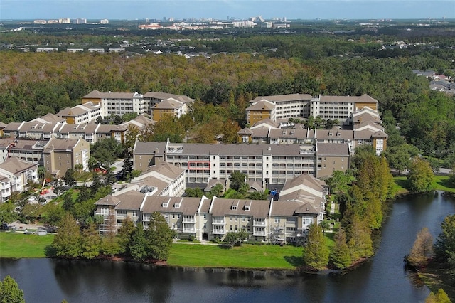 drone / aerial view with a water view