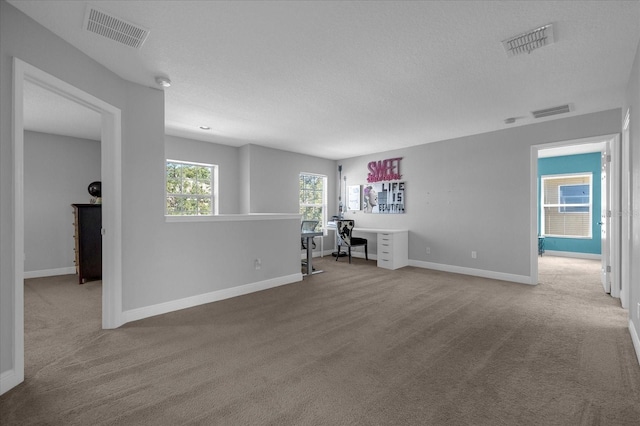 unfurnished office featuring carpet flooring and a textured ceiling