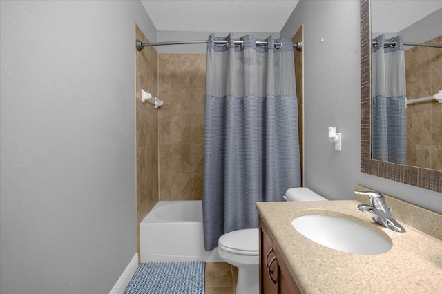 full bath with shower / bath combination with curtain, toilet, vanity, a textured ceiling, and tile patterned flooring