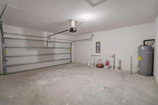 garage with a garage door opener, electric water heater, and electric panel