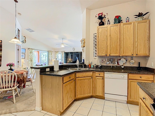 kitchen with lofted ceiling, dishwasher, hanging light fixtures, kitchen peninsula, and light colored carpet