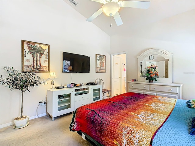 bedroom with light carpet, high vaulted ceiling, and ceiling fan